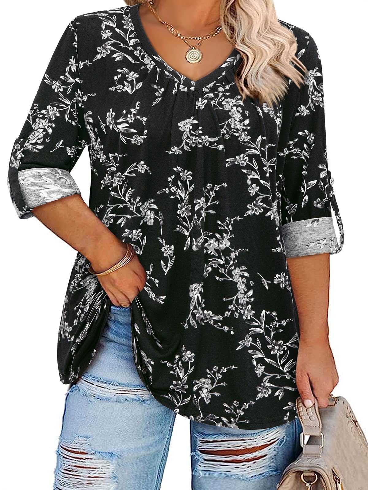 Amrto Plus Size Blouse Women Blouses Dressy Casual Plus Size 3/4 Sleeve Tops for Women V Neck 5x Womens Tops Plus Size Casual Top for Women Plus Size Tunic Tops to Wear with Leggings Black Gray 5XL
